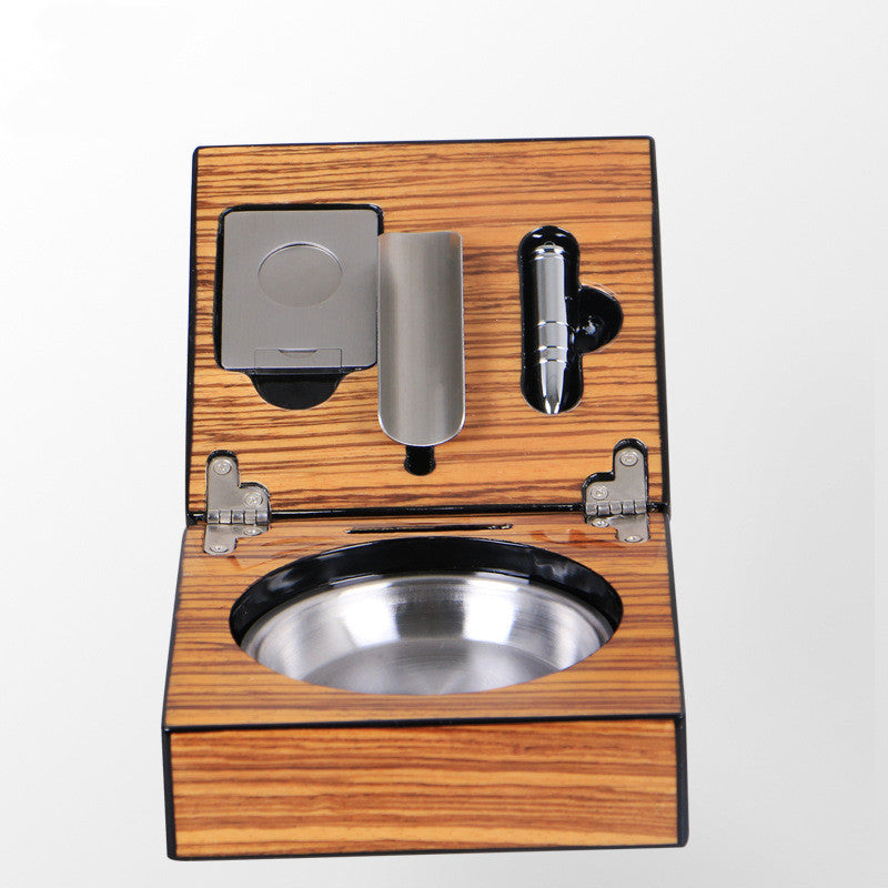 Mirage Black Folding Stainless Steel&Wood Cigar Ashtray with Cigar Cutter and Cigar Punch - The Cigars Club